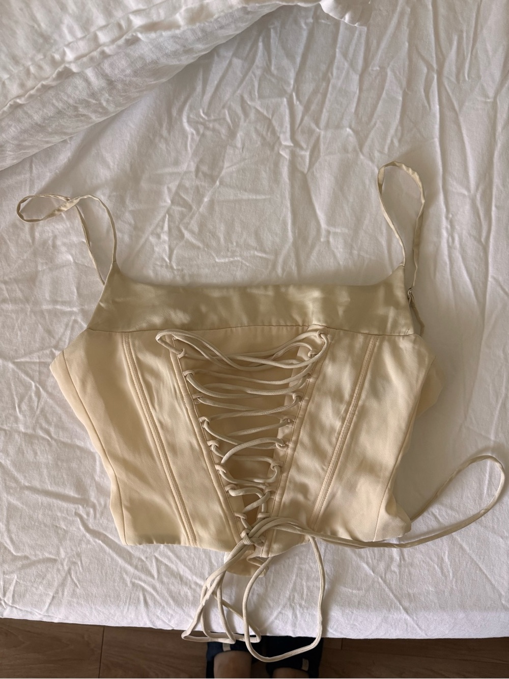 White Fox Boutique Cream Lace-Up Satin Crop Top